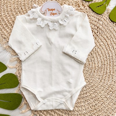  Body Gola Bordada- Renda Borboletas com Strass - Off White